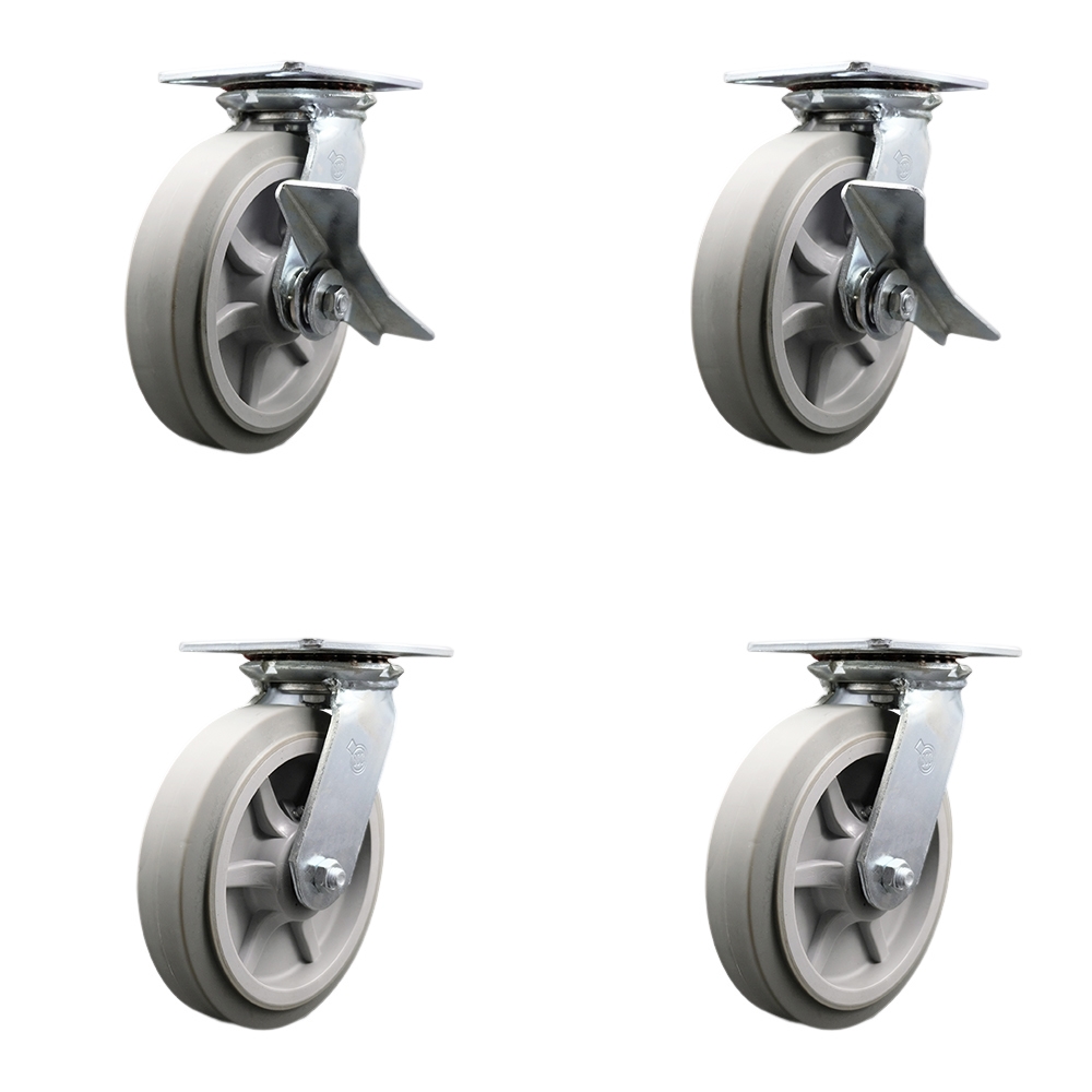 Heavy Duty Large Top Plate Thermo Rubber Flat Tread Swivel Caster with Maintenance Free Bearings with 8 x 2 in. Gray Wheel - Set of 4