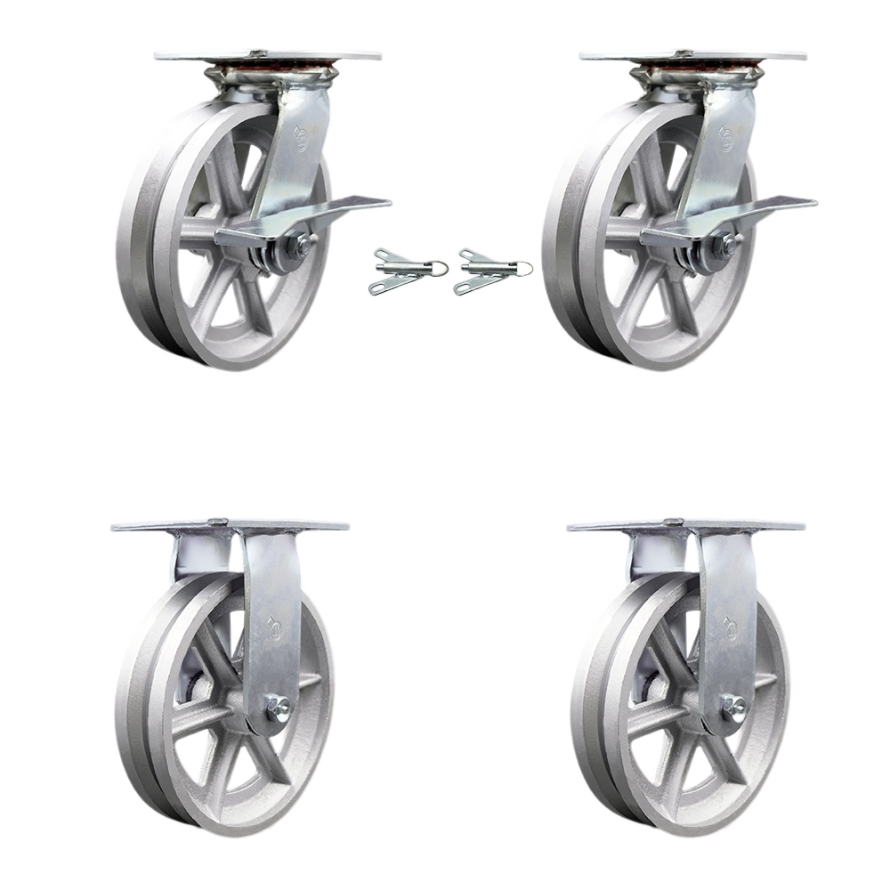 Heavy Duty Large Top Plate V Groove Semi Steel Swivel Caster with Maintenance Free Bearings with 8 x 2 in. Silver Wheels - Set of 4