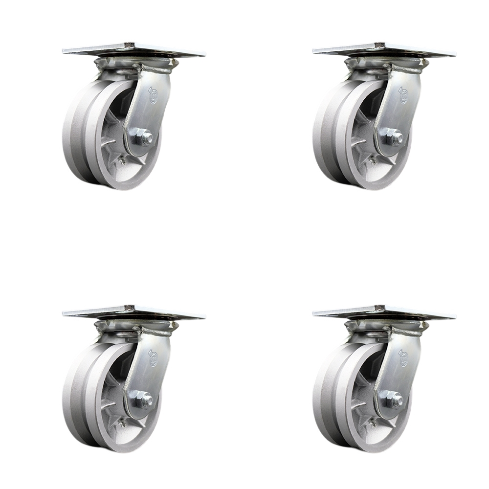 SCC-35S520-VGR-BSL-4 Heavy Duty Large Top Plate V Groove Semi Steel Swivel Caster with 5 x 2 in. Silver Wheels - 4400 lbs Total Capacity - Set of 4