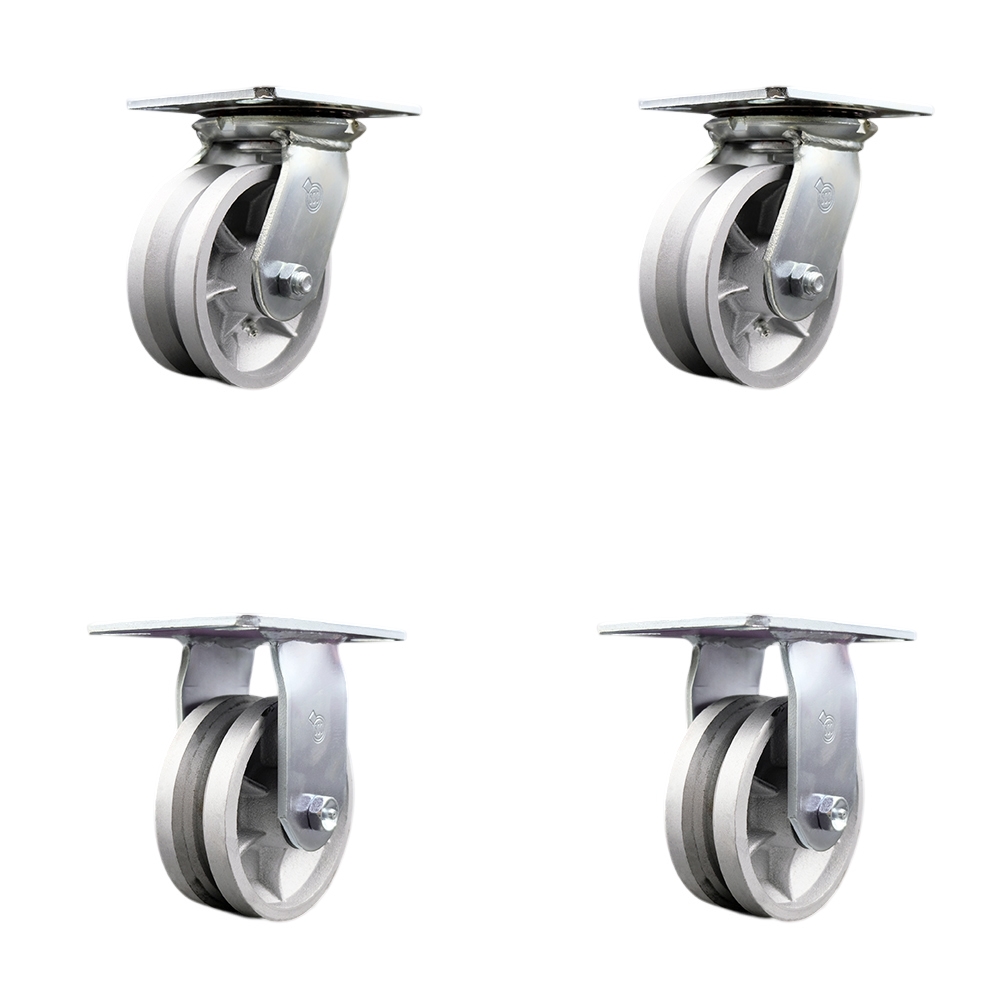 SCC-35S520-VGR-2-R-2 Heavy Duty Large Top Plate V Groove Semi Steel Swivel Caster with 5 x 2 in. Silver Wheels - 4400 lbs Total Capacity - Set of 4