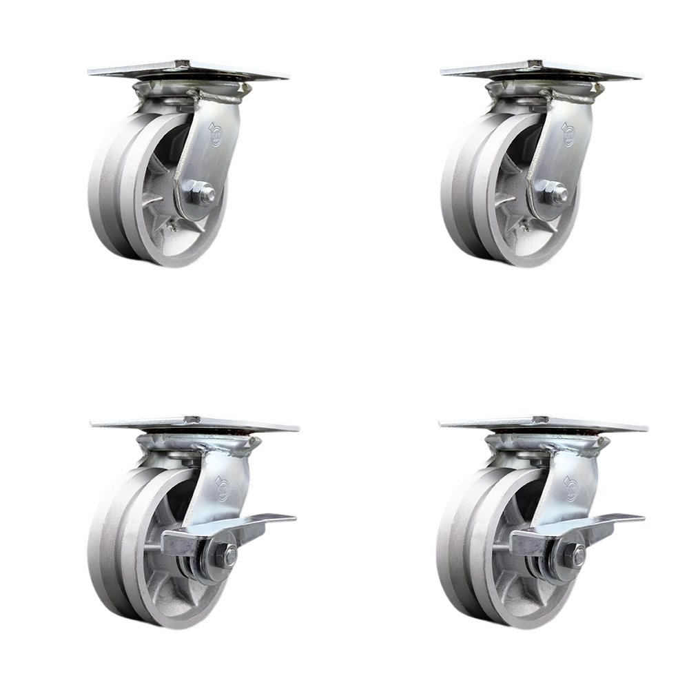 SCC-35S520-VGR-2-SLB-2 Heavy Duty Large Top Plate V Groove Semi Steel Swivel Caster with 5 x 2 in. Silver Wheels - 4400 lbs Total Capacity - Set of 4