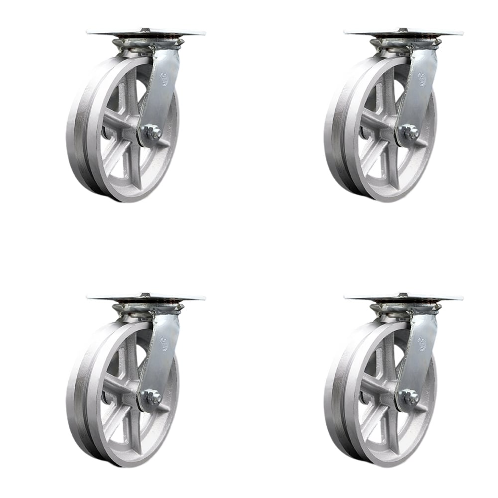 SCC-35S820-VGR-4 Heavy Duty Large Top Plate V Groove Semi Steel Swivel Caster with 8 x 2 in. Silver Wheels - 5000 lbs Total Capacity - Set of 4