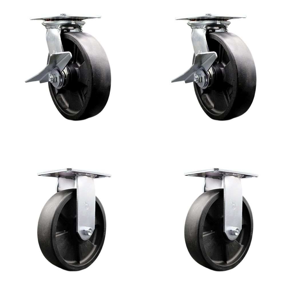 Heavy Duty Large Top Plate Glass Filled Nylon Swivel Caster with Maintenance Free Bearing with 8 x 2 in. Black Wheel - 6000 lbs Capacity - Set of 4