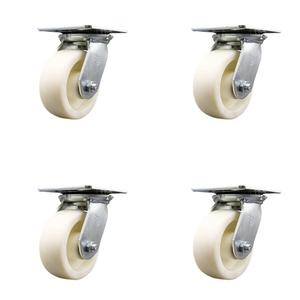 Heavy Duty Large Top Plate Nylon Swivel Caster with Maintenance Free Bearings with 5 x 2 in. White Wheels - 3600 lbs Total Capacity - Set of 4