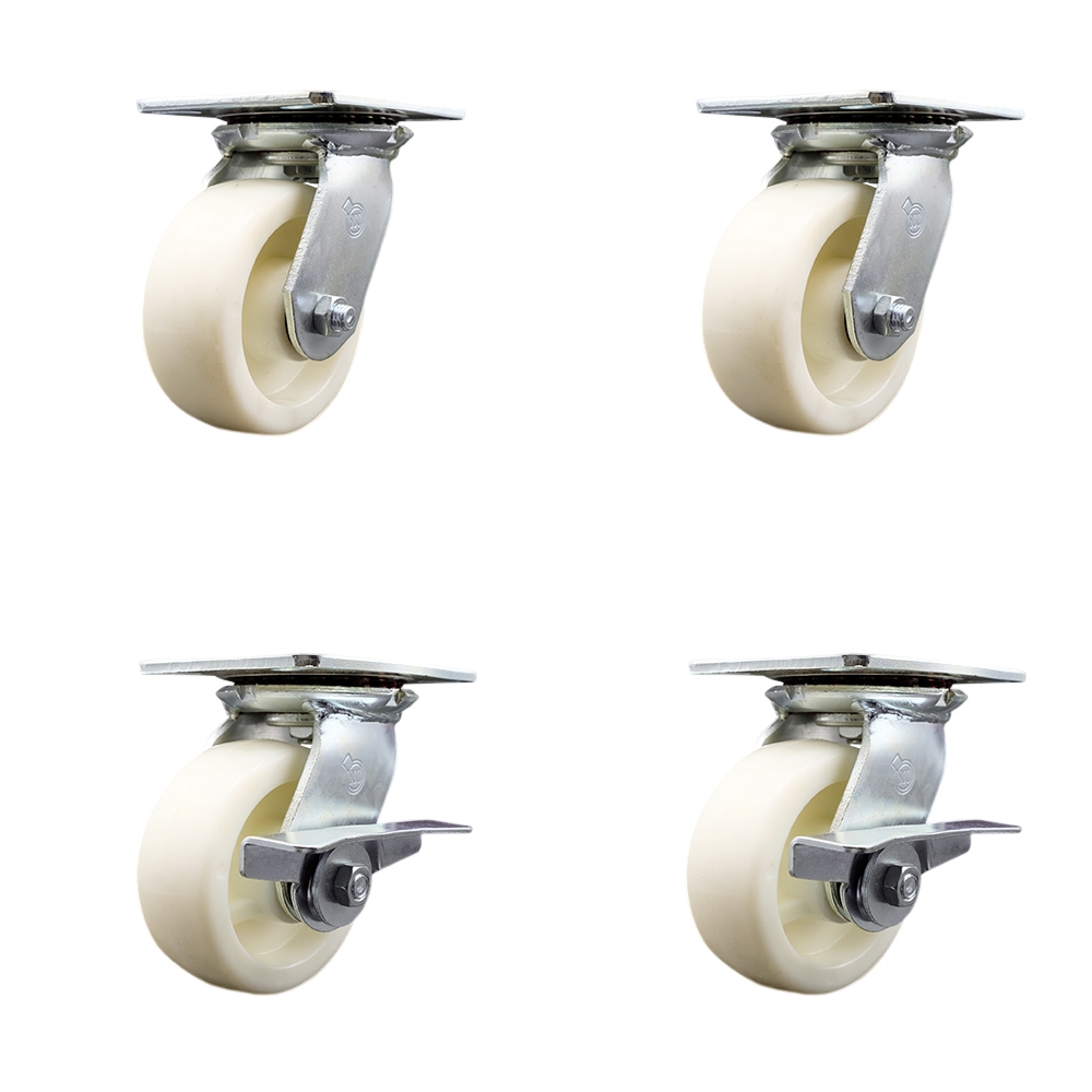Heavy Duty Large Top Plate Nylon Swivel Caster with Maintenance Free Bearings with 5 x 2 in. White Wheels - 3600 lbs Total Capacity - Set of 4