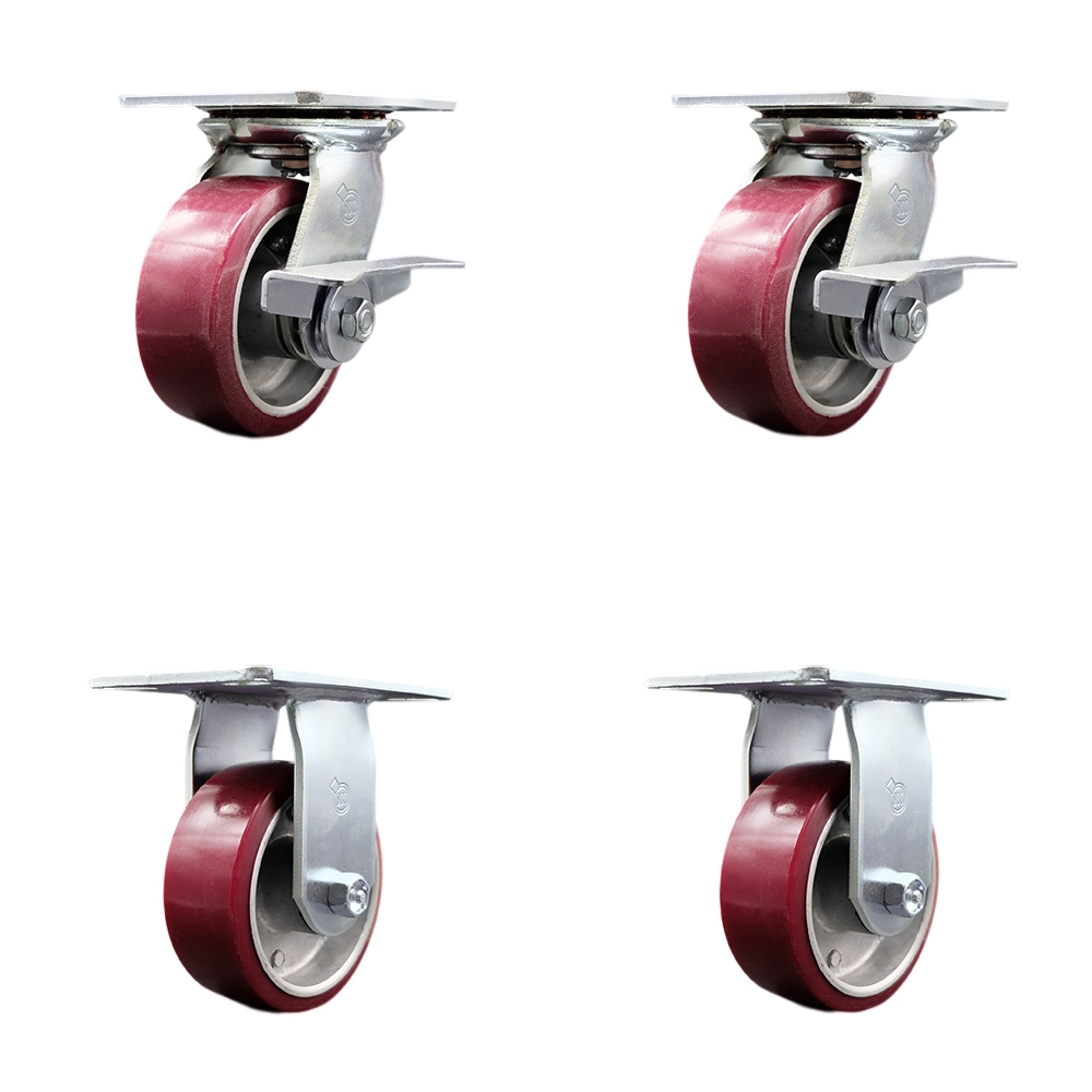 Heavy Duty Large Top Plate Polyurethane on Aluminum Swivel Caster with Maintenance Free Bearings with 5 x 2 in. Maroon Wheels - Set of 4