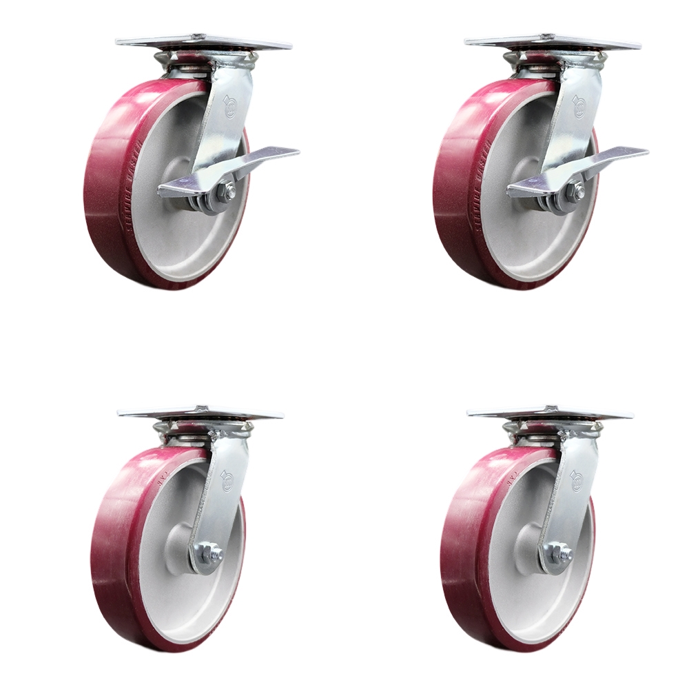 Heavy Duty Large Top Plate Poly on Aluminum Swivel Caster with Maintenance Free Bearings with 8 x 2 in. Maroon Wheels - Set of 4