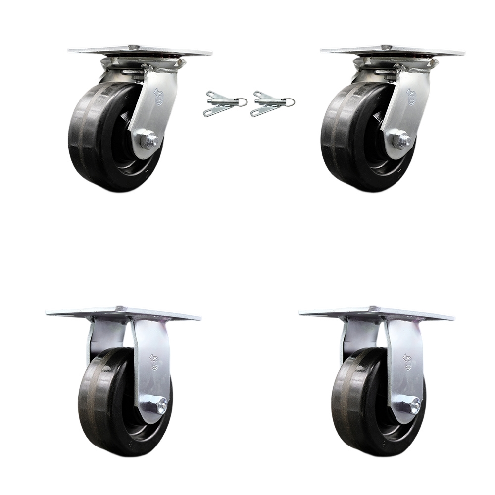 Heavy Duty Large Top Plate Phenolic Swivel Caster with Maintenance Free Bearings with 5 x 2 in. Black Wheels - 4000 lbs Total Capacity - Set of 4