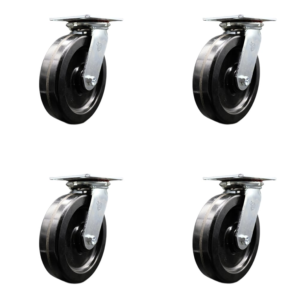 Heavy Duty Large Top Plate Phenolic Swivel Caster with Maintenance Free Bearings with 8 x 2 in. Black Wheels - 5000 lbs Total Capacity - Set of 4