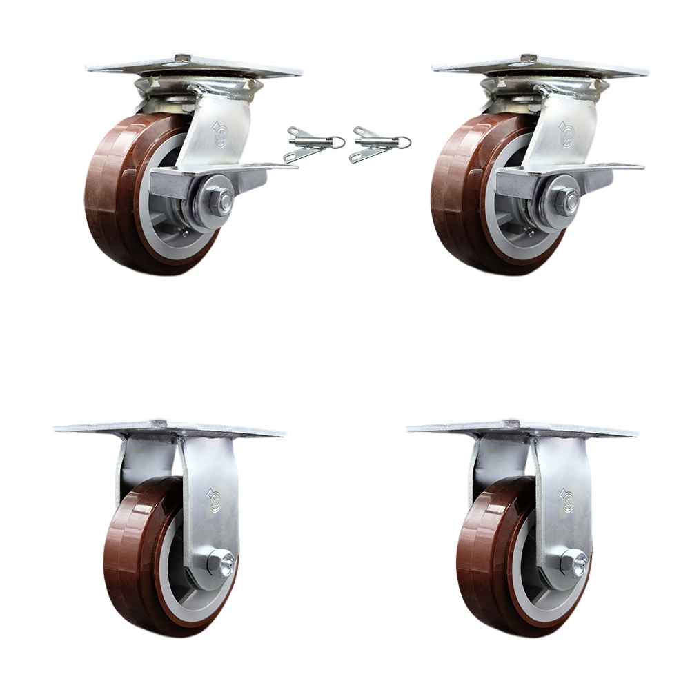 Heavy Duty Large Top Plate Polyurethane on Polyolefin Swivel Caster with Maintenance Free Bearings with 5 x 2 in. Maroon Wheels - Set of 4