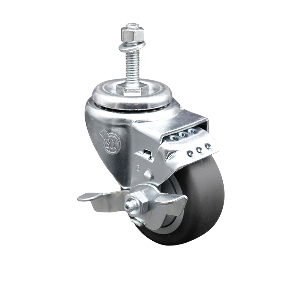 Thermoplastic Rubber Swivel Threaded Stem Caster - 3.5 x 1.25 in. Gray Wheel & 10 mm Metric Stem & Top Locking Brake - 230 lbs Capacity per Caster