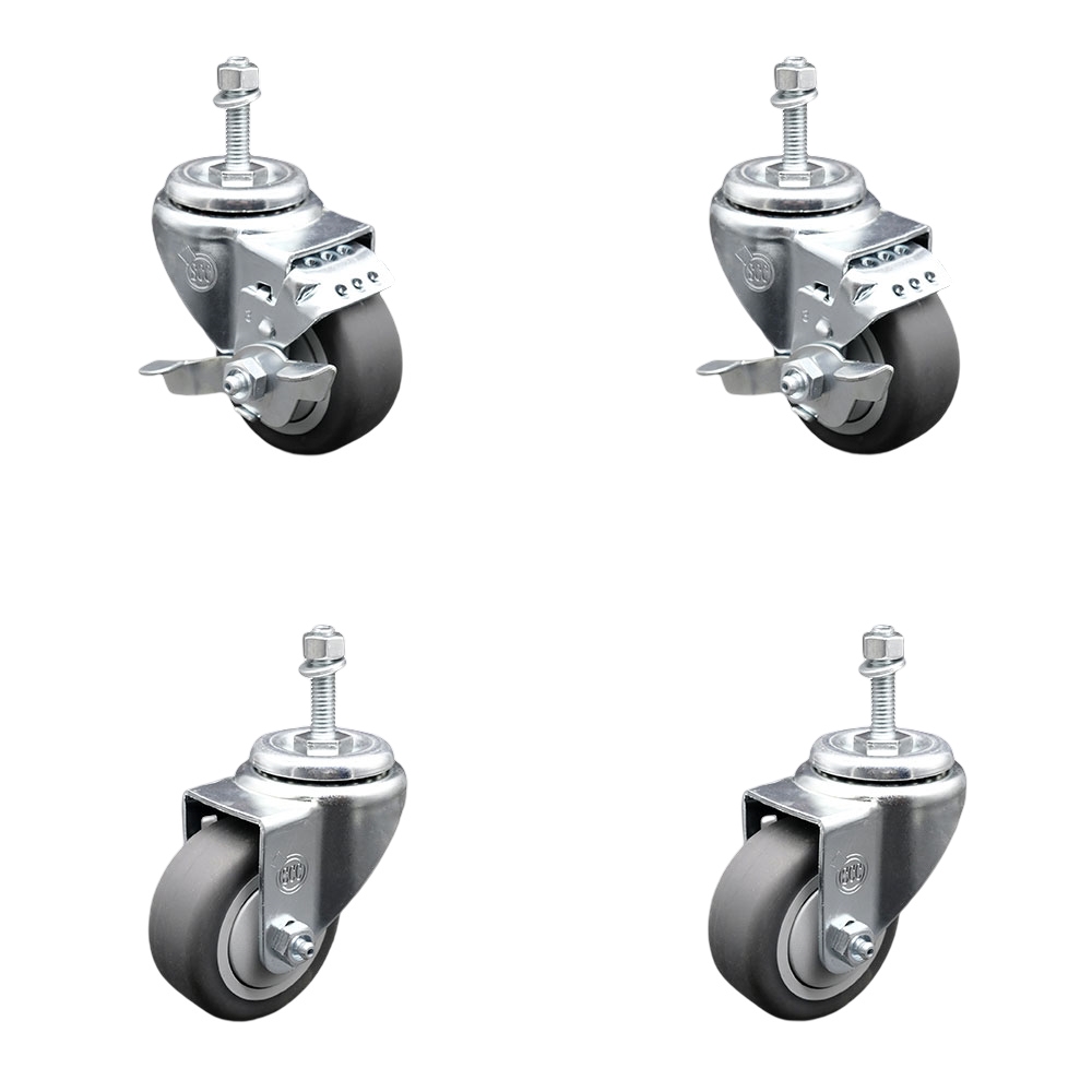 Thermoplastic Rubber Swivel Threaded Stem Caster - 3.5 x 1.25 in. Gray Wheels & 10 mm Metric Stems - 920 lbs Total Capacity - Set of 4