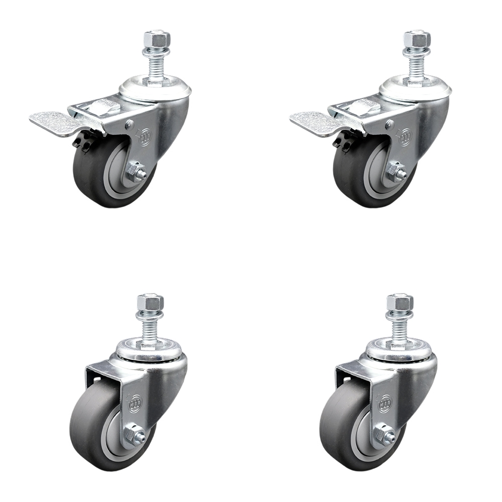Thermoplastic Rubber Swivel Threaded Stem Caster - 3.5 x 1.25 in. Gray Wheels & 12 mm Metric Stems - 920 lbs Total Capacity - Set of 4