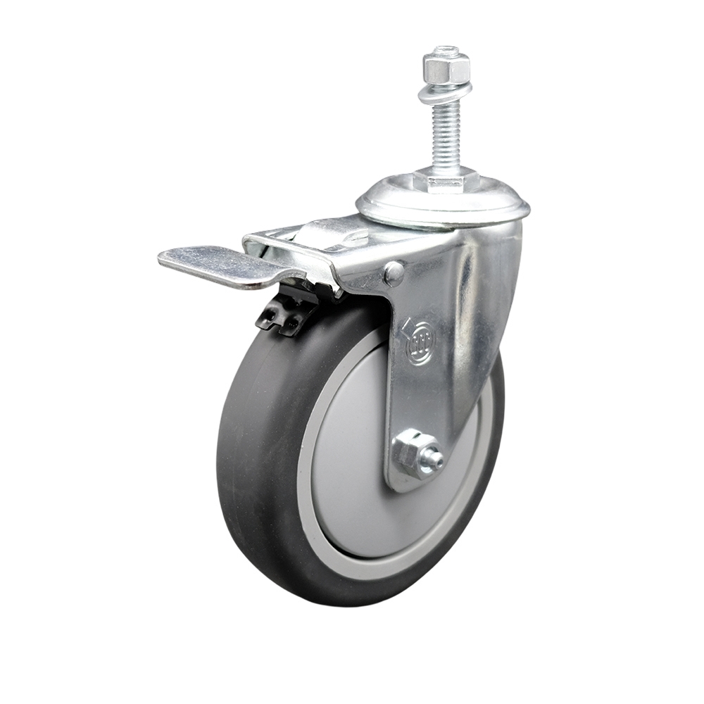 Thermoplastic Rubber Swivel Threaded Stem Caster - 5 x 1.25 in. Gray Wheel & 0.37 in. Stem & Total Locking Brake - 300 lbs Capacity per Caster