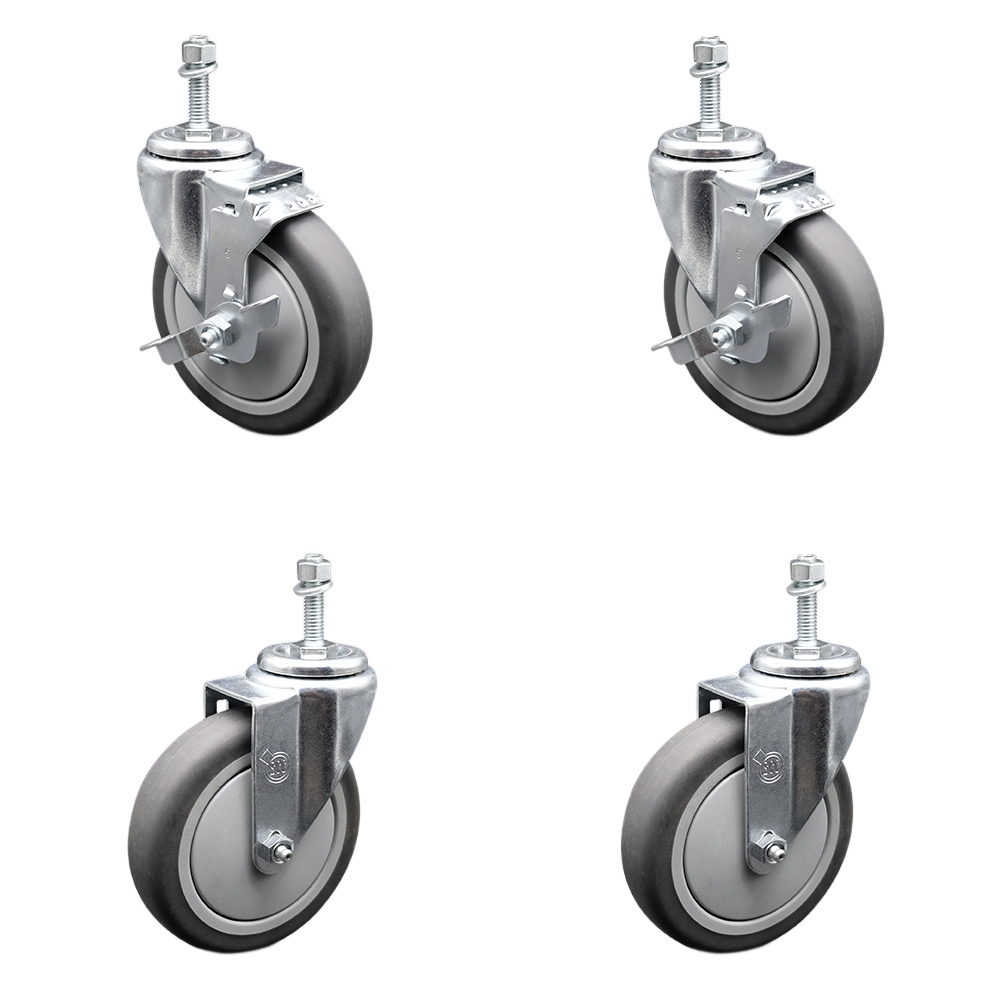 Thermoplastic Rubber Swivel Threaded Stem Caster - 5 x 1.25 in. Gray Wheels & 10 mm Metric Stems - 1200 lbs Total Capacity - Set of 4