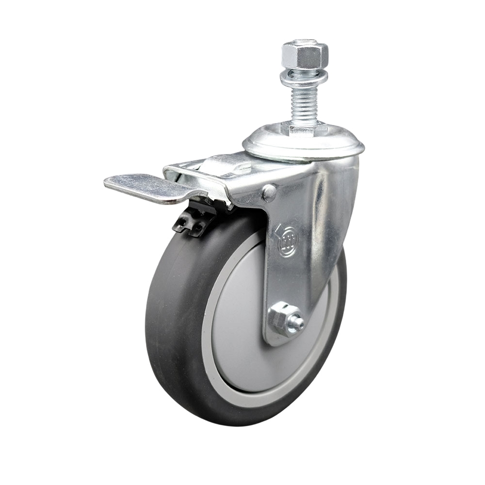 Stainless Steel Thermoplastic Rubber Swivel Threaded Stem Caster - 5 x 1.25 in. Gray Wheel & 0.5 in. Stem & Total Locking Brake - 300 lbs Capacity