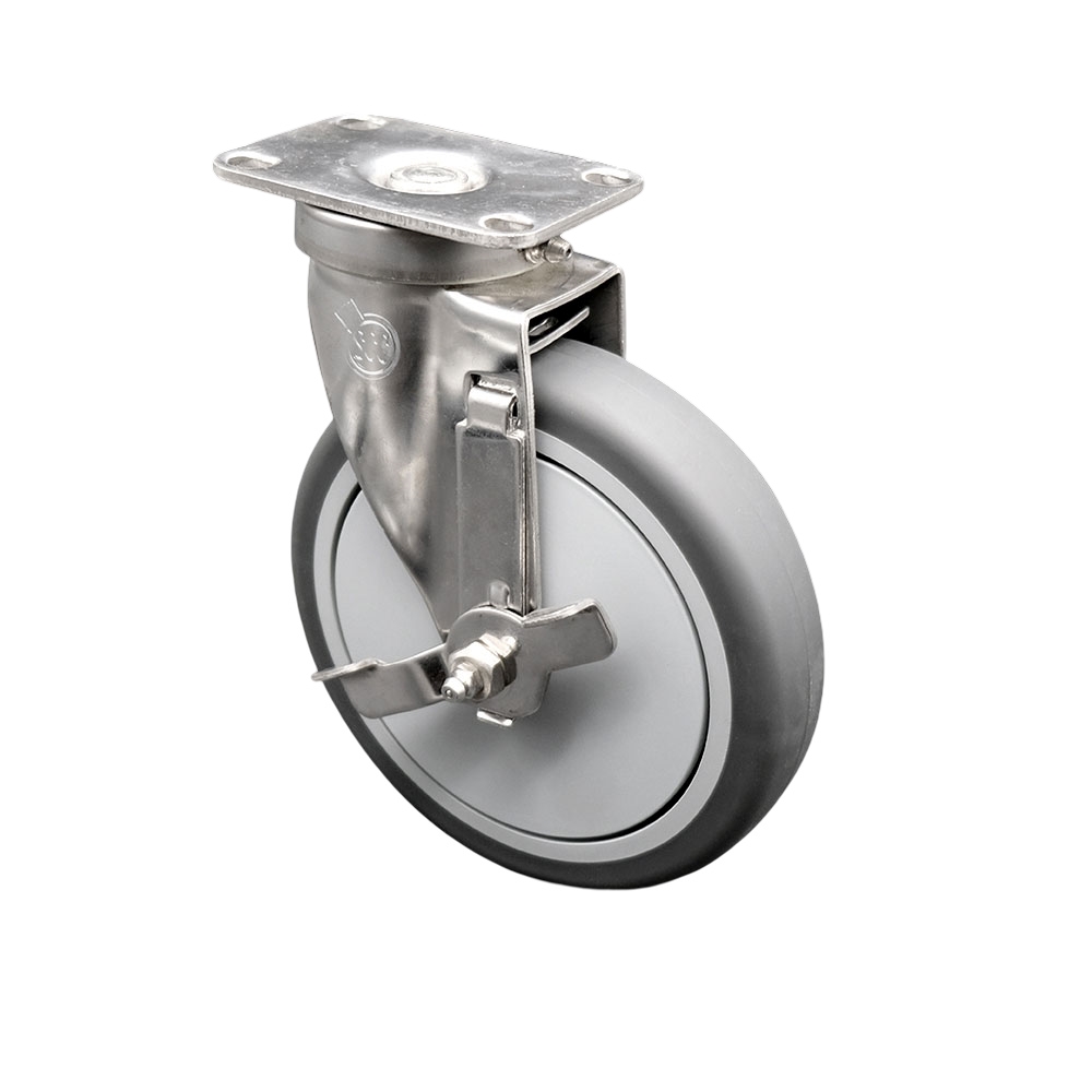 Stainless Steel Thermoplastic Rubber Swivel Top Plate Swivel Caster - 6 x 1.25 in. Gray Wheel & Side Locking Brake - 300 lbs Capacity per Caster