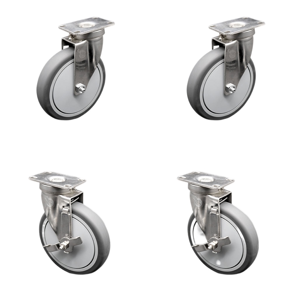 Stainless Steel Thermoplastic Rubber Swivel Top Plate Caster - 6 x 1.25 in. Gray Wheels - 1200 lbs Total Capacity - Set of 4
