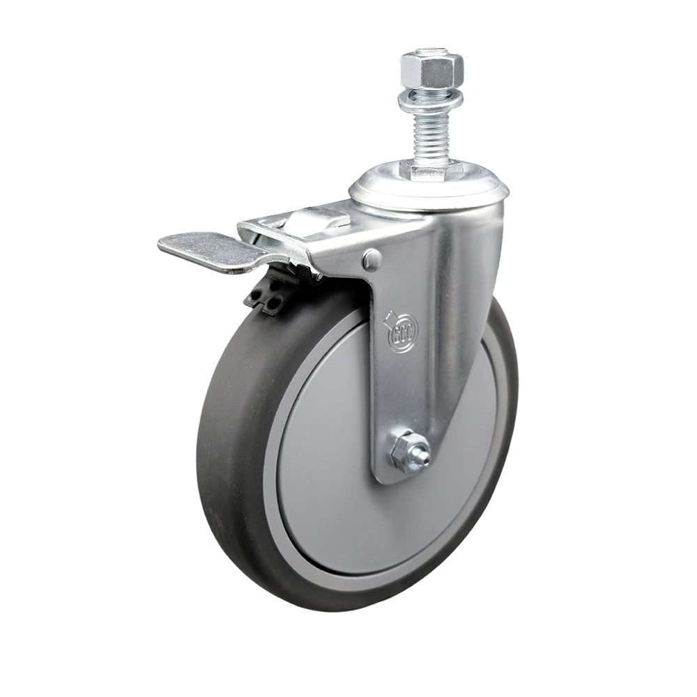 Thermoplastic Rubber Swivel Threaded Stem Caster - 6 x 1.25 in. Gray Wheel & 12 mm Stem & Total Locking Brake - 300 lbs Capacity per Caster