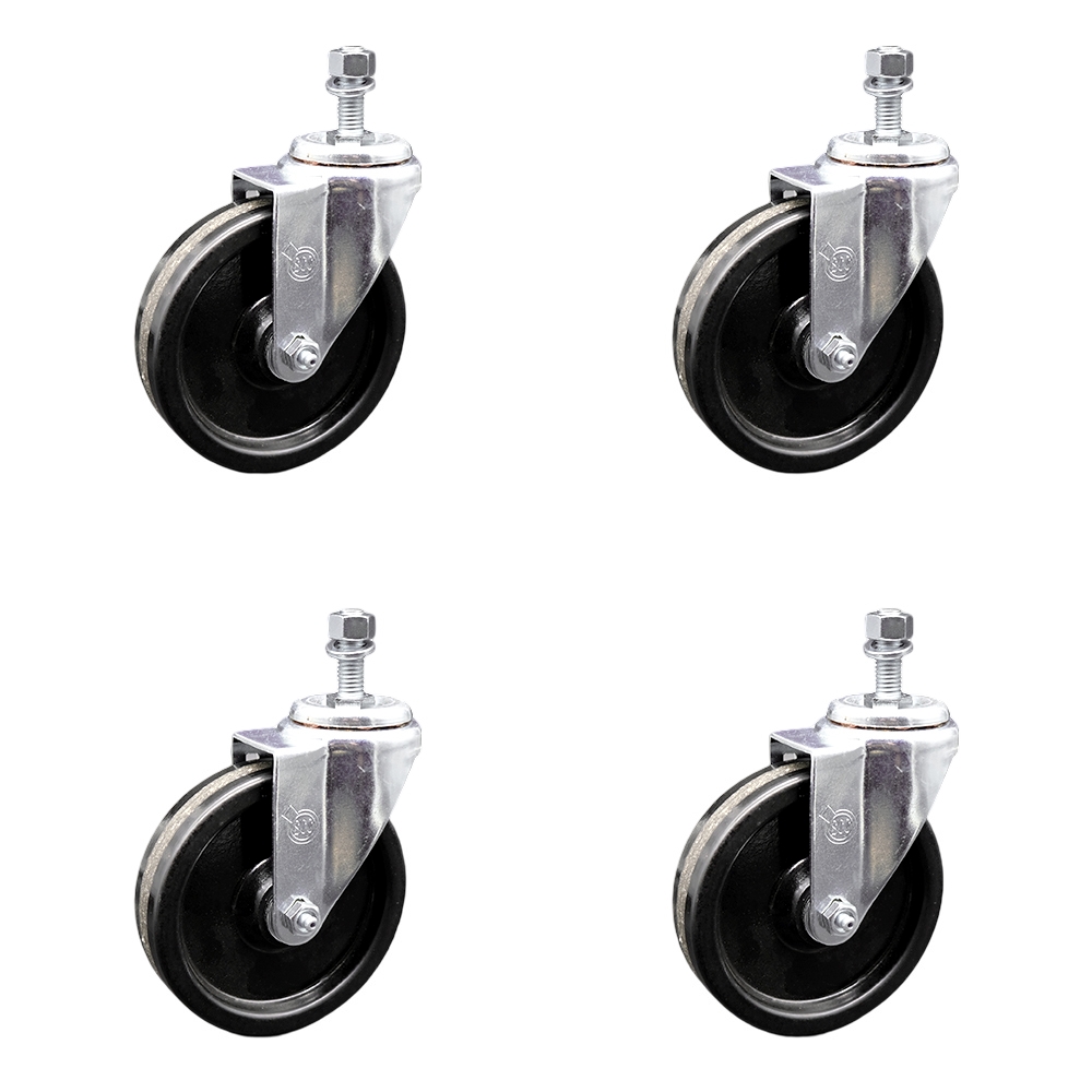 SCC-TS20S514-PHS-M1215-4 Phenolic Swivel Threaded Stem Caster with 5 x 1.25 in. Black Wheels & 12 mm Stems - Set of 4