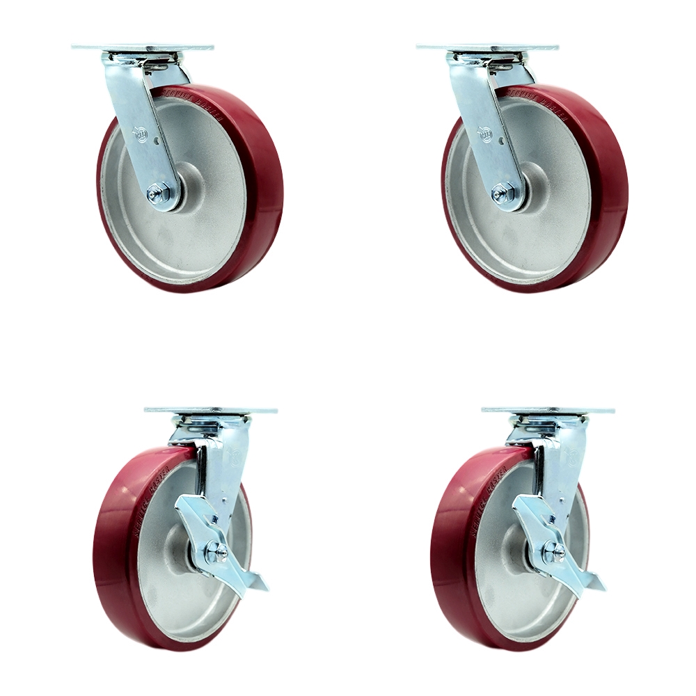 Stainless Steel Polyurethane on Aluminum Swivel Top Plate Casters, Heavy Duty with 8 in. Wheels - 5000 lbs Total Capacity - Set of 4