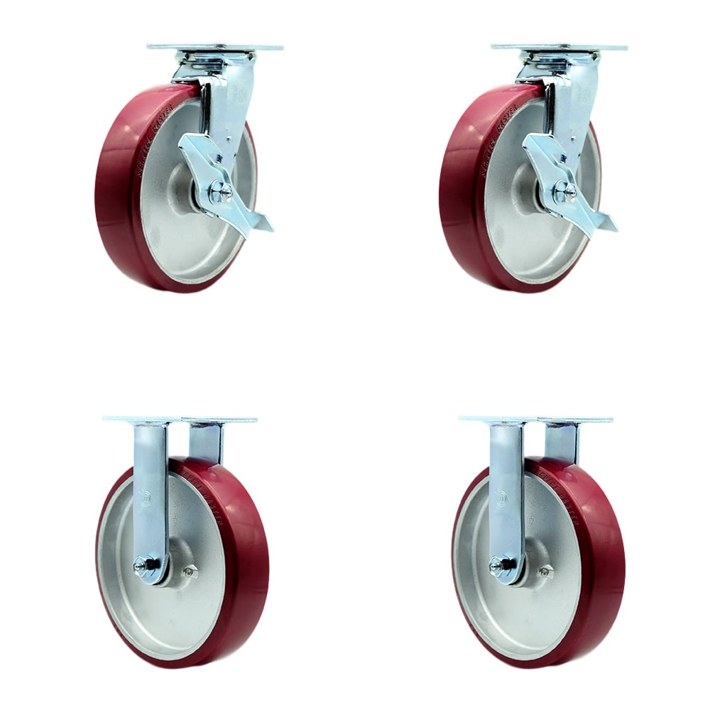 Stainless Steel Polyurethane on Aluminum Swivel Top Plate Casters, Heavy Duty with 8 in. Wheels - 5000 lbs Total Capacity - Set of 4