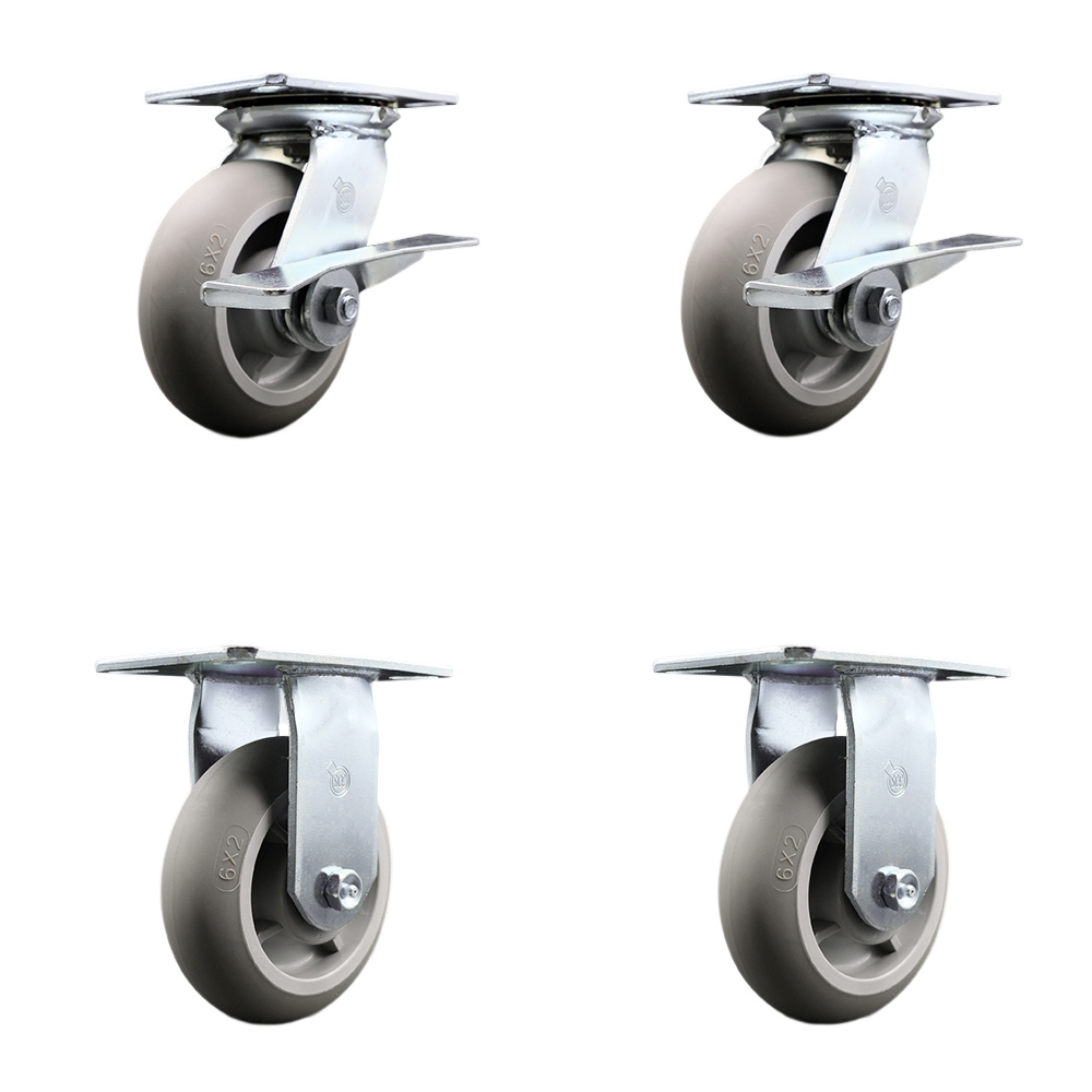 Heavy Duty Large Top Plate Thermo Rubber Donut Tread Swivel Caster with 6 x 2 in. Gray Wheels - 2000 lbs Total Capacity - Set of 4