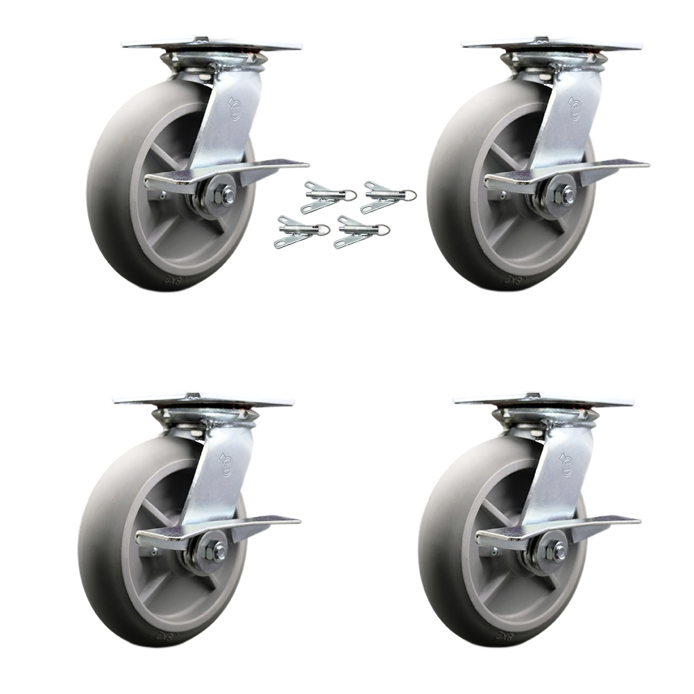 Heavy Duty Large Top Plate Thermo Rubber Donut Tread Swivel Caster with 8 x 2 in. Gray Wheels - 2400 lbs Total Capacity - Set of 4