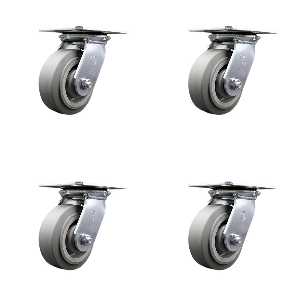 SCC-35S520-TPRRF-4 Heavy Duty Large Top Plate Thermo Rubber Flat Tread Swivel Caster with 5 x 2 in. Gray Wheels - 1400 lbs Total Capacity - Set of 4
