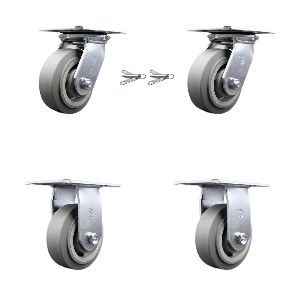 Heavy Duty Large Top Plate Thermo Rubber Flat Tread Swivel Caster with 5 x 2 in. Gray Wheels - 1400 lbs Total Capacity - Set of 4