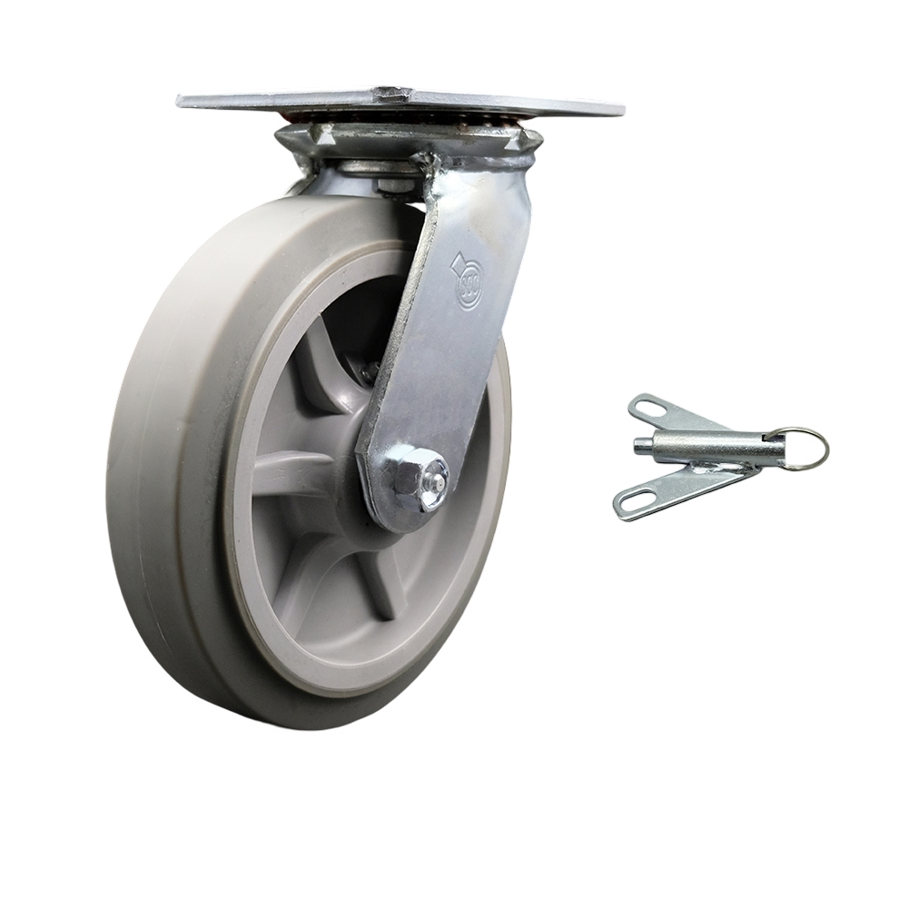 Heavy Duty Large Top Plate Thermo Rubber Flat Tread Swivel Caster with 8 x 2 in. Gray Wheel & Bolt on Swivel Lock - 600 lbs Capacity per Caster