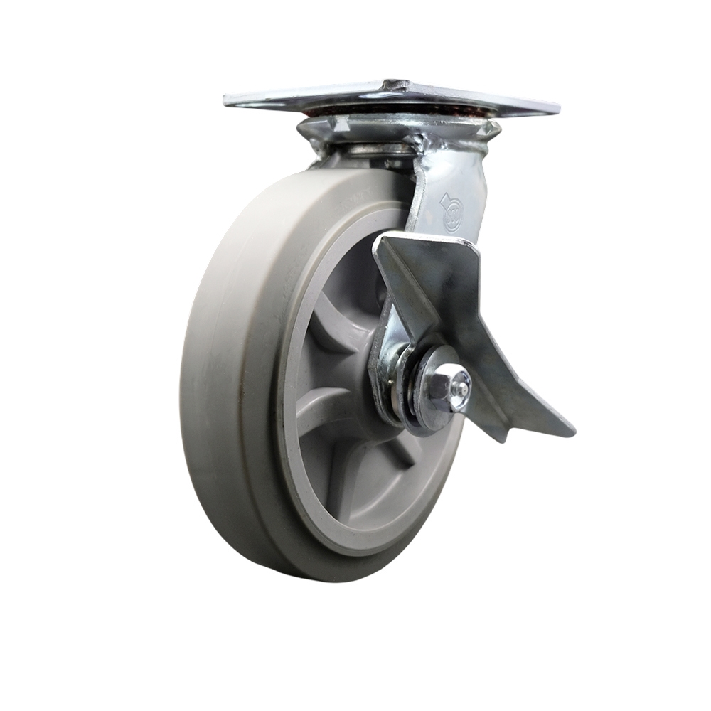 Heavy Duty Large Top Plate Thermo Rubber Flat Tread Swivel Caster with 8 x 2 in. Gray Wheel & Side Lock Brake - 600 lbs Capacity per Caster