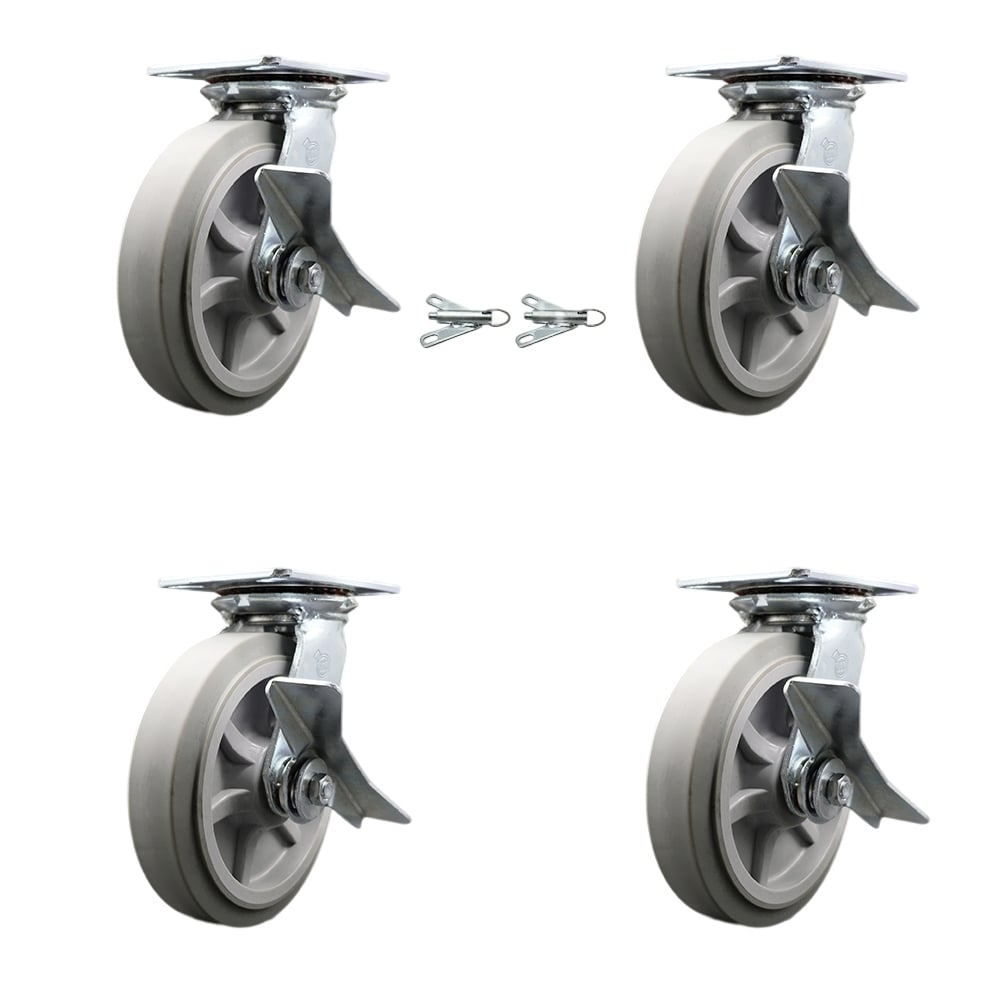 Heavy Duty Large Top Plate Thermo Rubber Flat Tread Swivel Caster with 8 x 2 in. Gray Wheels - 2400 lbs Capacity - Set of 4