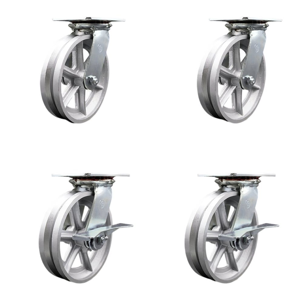 SCC-35S820-VGR-2-SLB-2 Heavy Duty Large Top Plate V Groove Semi Steel Swivel Caster with 8 x 2 in. Silver Wheels - 5000 lbs Total Capacity - Set of 4