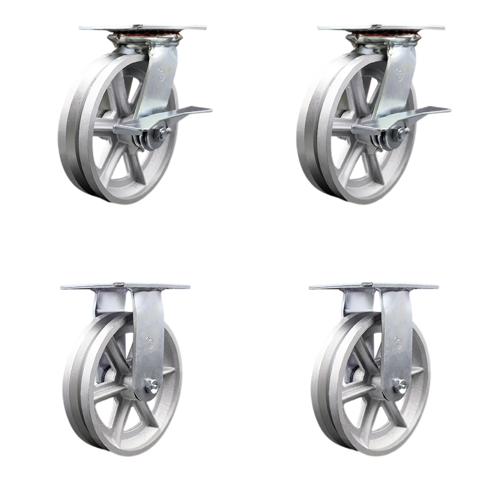 Heavy Duty Large Top Plate V Groove Semi Steel Swivel Caster with 8 x 2 in. Silver Wheels - 5000 lbs Total Capacity - Set of 4