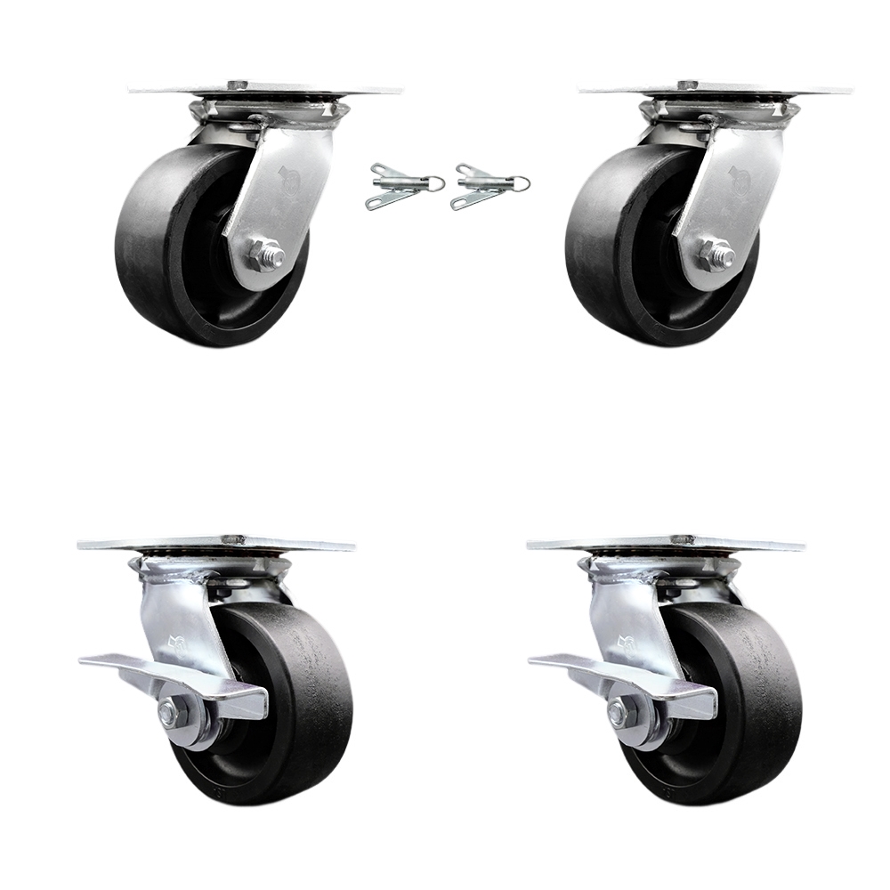 Heavy Duty Large Top Plate Glass Filled Nylon Swivel Caster with Maintenance Free Bearing with 5 x 2 in. Black Wheel - 6000 lbs Capacity - Set of 4