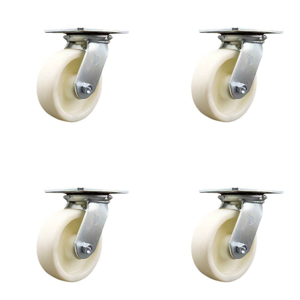 Heavy Duty Large Top Plate Nylon Swivel Caster with Maintenance Free Bearings with 6 x 2 in. White Wheels - 5000 lbs Total Capacity - Set of 4