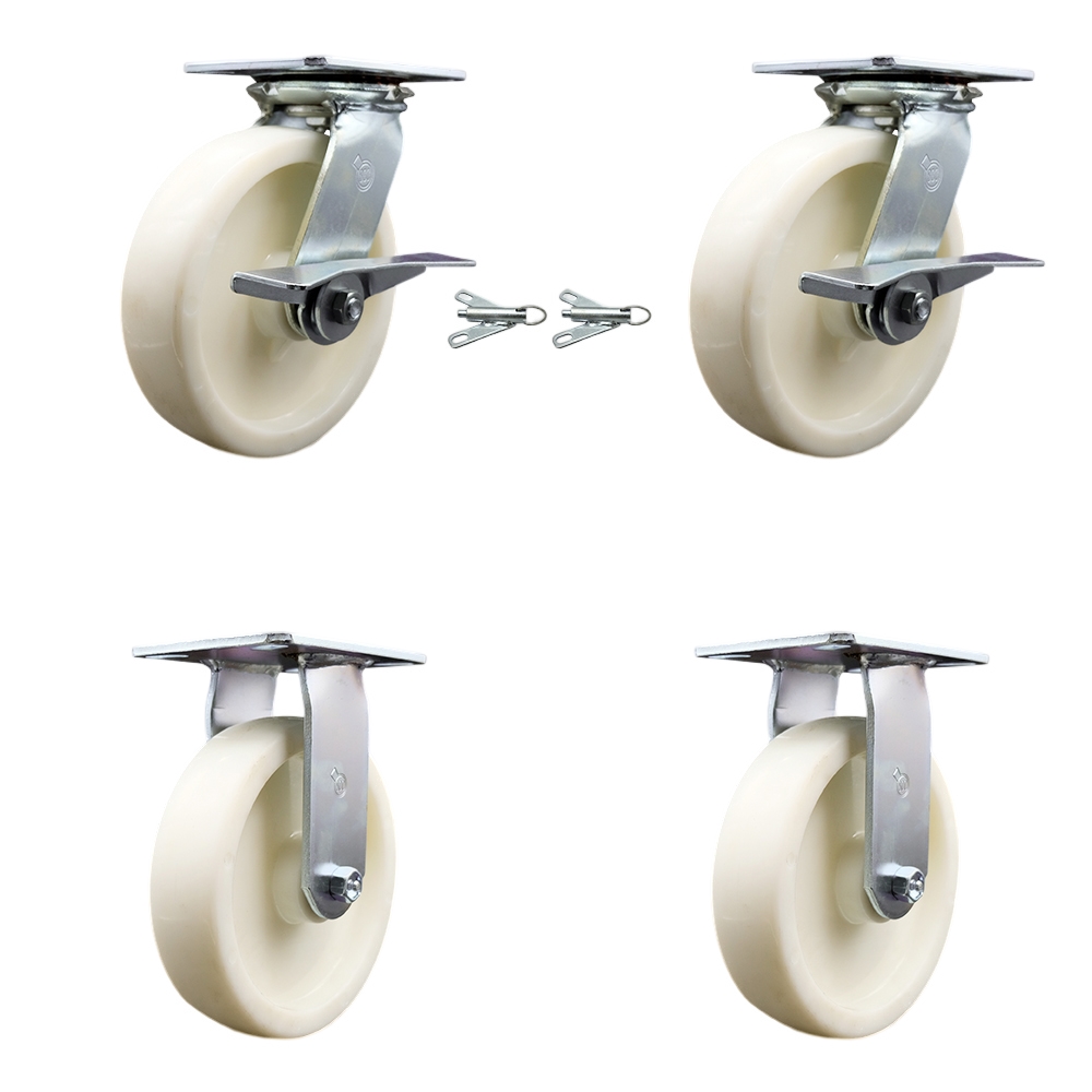 Heavy Duty Large Top Plate Nylon Swivel Caster with Maintenance Free Bearings with 8 x 2 in. White Wheels - 5000 lbs Capacity - Set of 4