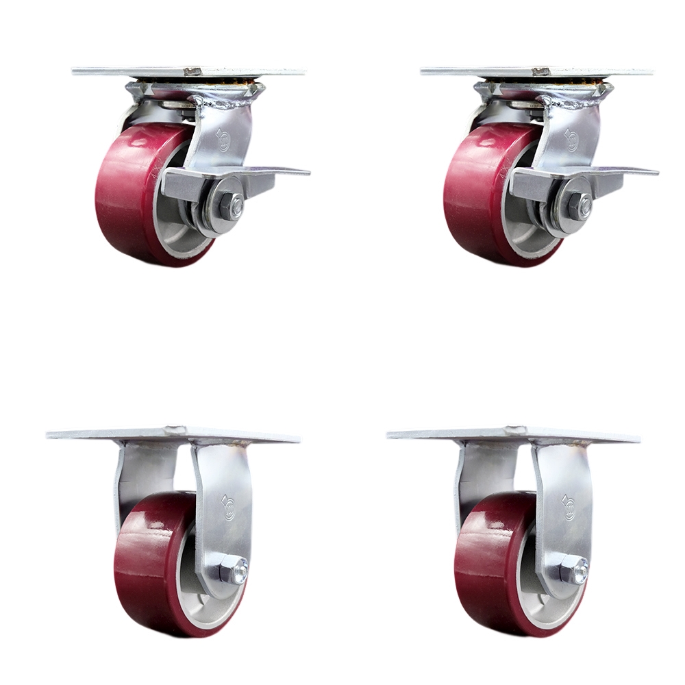 Heavy Duty Large Top Plate Polyurethane on Aluminum Swivel Caster with Maintenance Free Bearings with 4 x 2 in. Maroon Wheels - Set of 4