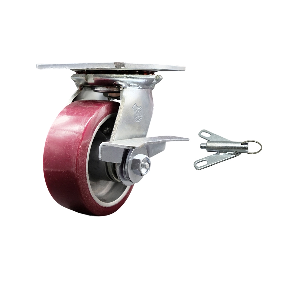 Heavy Duty Large Top Plate Polyurethane on Aluminum Swivel Caster with Maintenance Free Bearings & 5 x 2 in. Maroon Wheel - 900 lbs Capacity