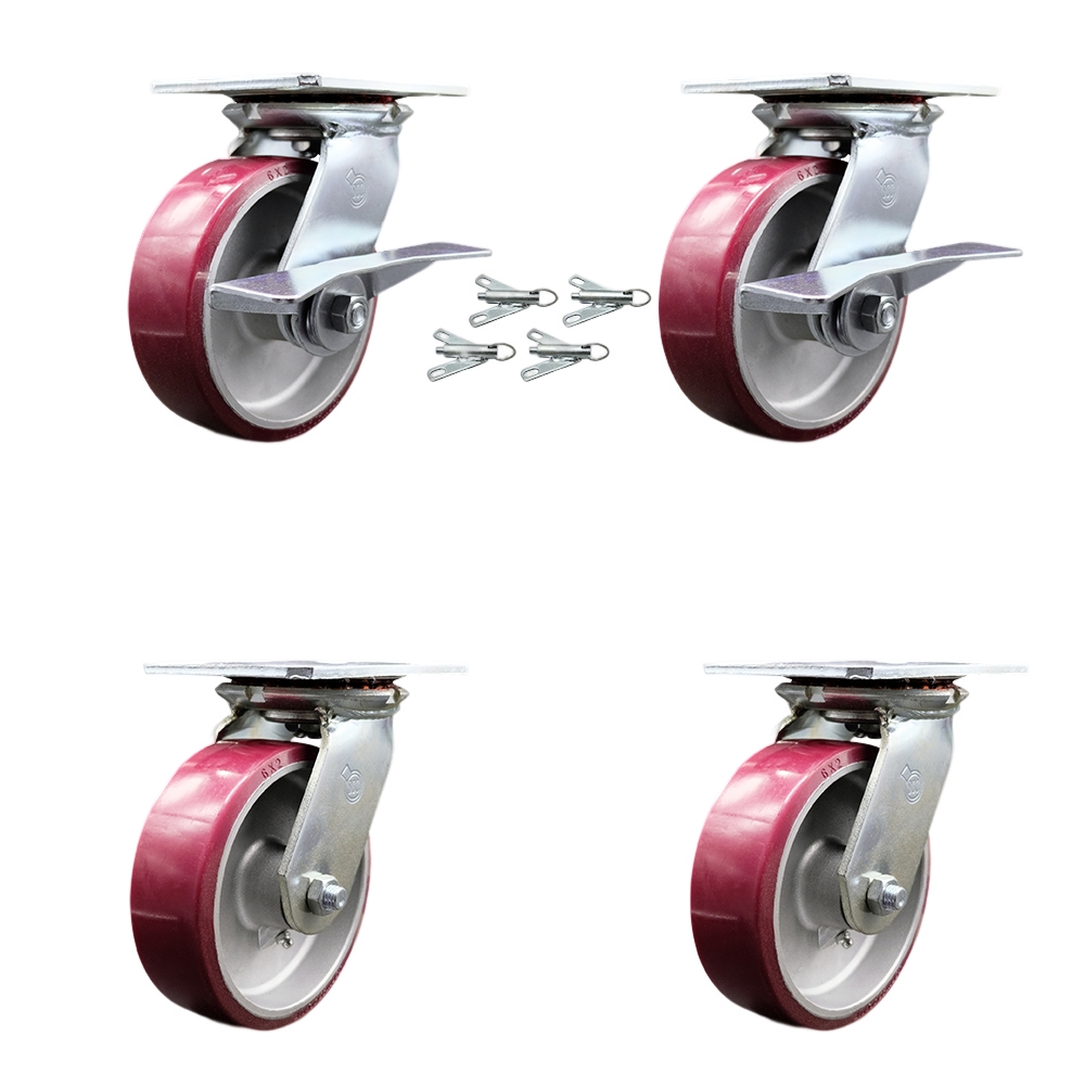 Heavy Duty Large Top Plate Poly on Aluminum Swivel Caster with Maintenance Free Bearings with 6 x 2 in. Maroon Wheels - Set of 4