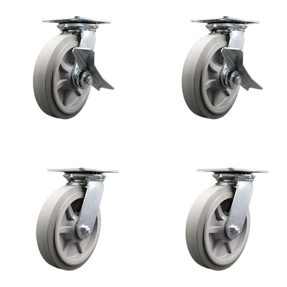 Heavy Duty Large Top Plate Thermo Rubber Flat Tread Swivel Caster with 8 x 2 in. Gray Wheel - 2400 lbs Capacity - Set of 4