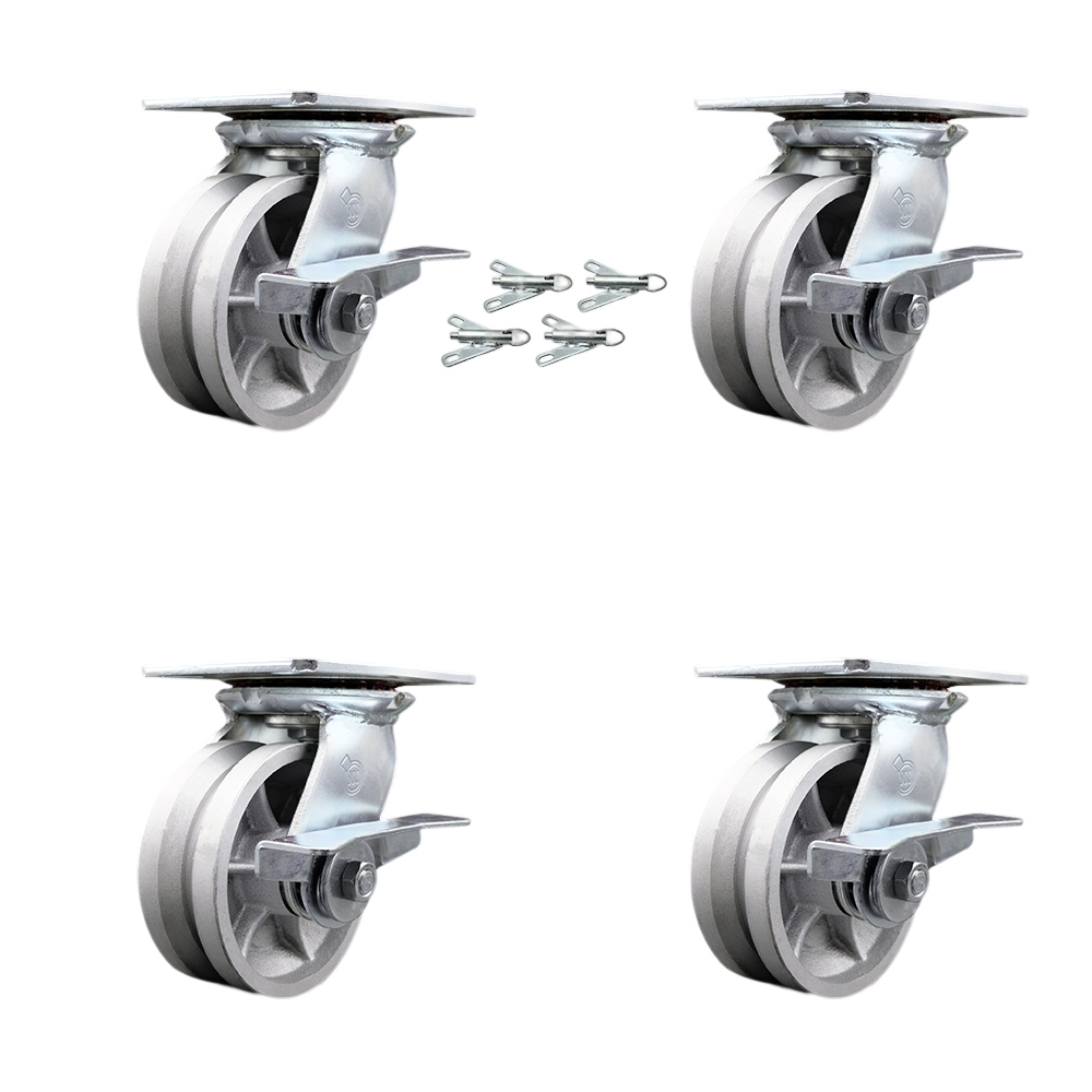Heavy Duty Large Top Plate V Groove Semi Steel Swivel Caster with 5 x 2 in. Silver Wheels - 4400 lbs Total Capacity - Set of 4