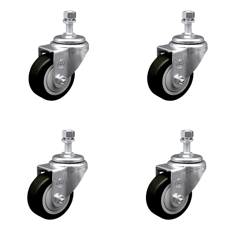 SCC-TS20S3514-PPUB-BLK-121315-4 Polyurethane Swivel Threaded Stem Caster with 3.5 x 1.25 in. Black Wheels & 0.5 in. Stems - Set of 4