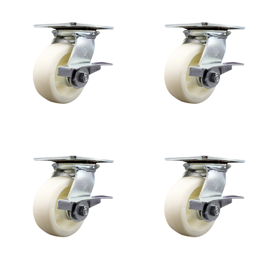 Heavy Duty Large Top Plate Nylon Swivel Caster with Maintenance Free Bearings with 5 x 2 in. White Wheels - 3600 lbs Total Capacity - Set of 4