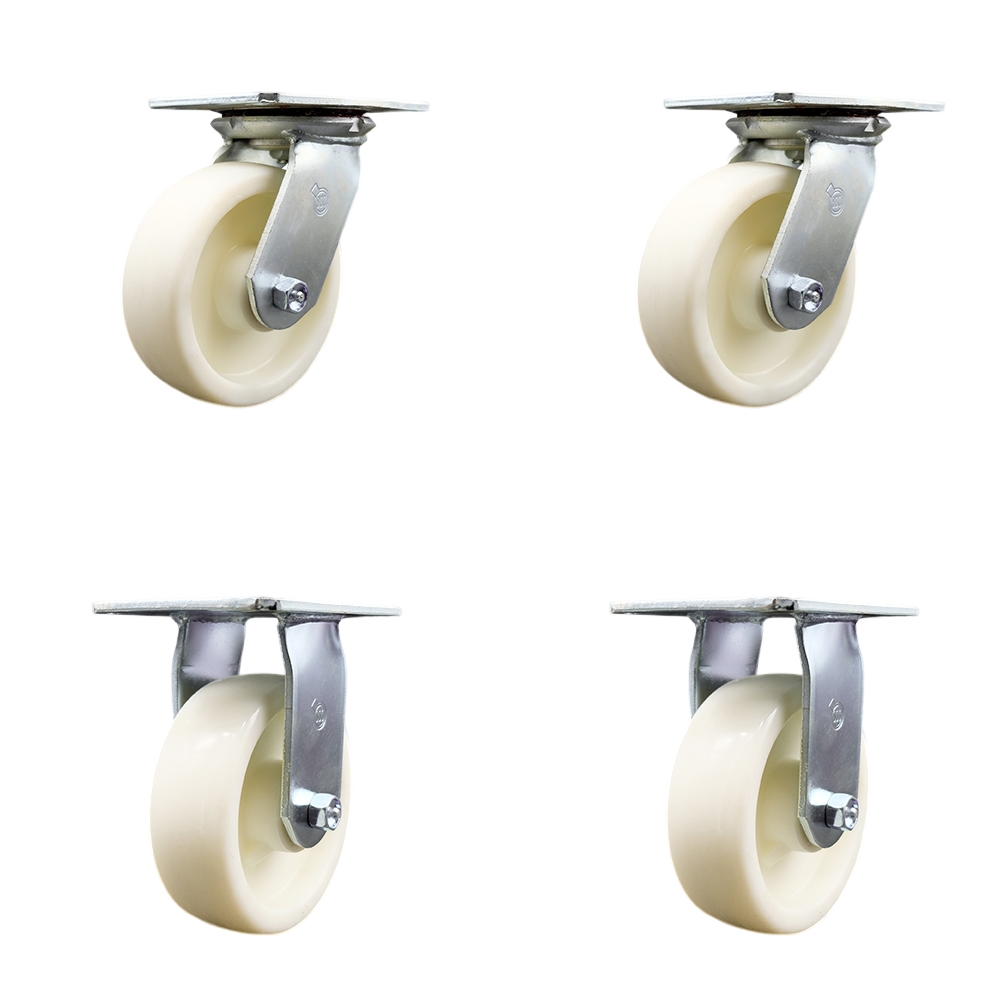 Heavy Duty Large Top Plate Nylon Swivel Caster with Maintenance Free Bearings with 6 x 2 in. White Wheels - 5000 lbs Total Capacity - Set of 4