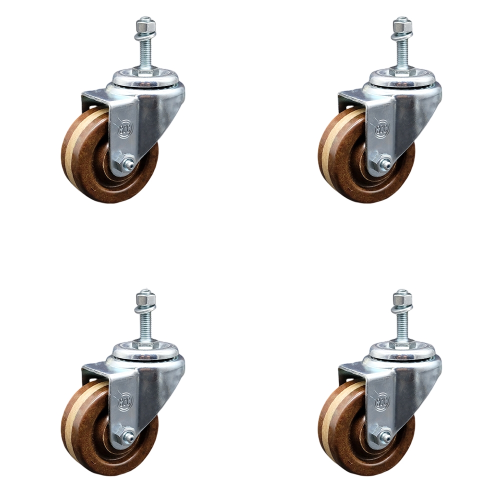 Stainless Steel High Temperature Phenolic Swivel Threaded Stem Caster with 3 x 1.25 in. Brown Wheels & 0.38 in. Stems - Set of 4