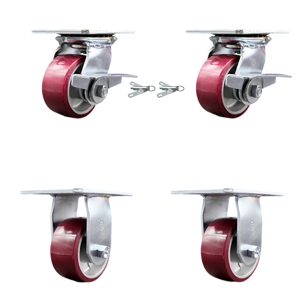 Heavy Duty Large Top Plate Polyurethane on Aluminum Swivel Caster with Maintenance Free Bearings with 4 x 2 in. Maroon Wheel - Set of 4