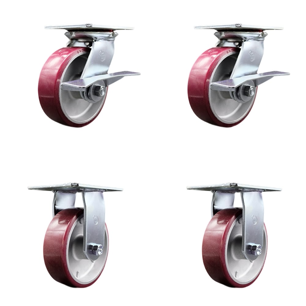 Heavy Duty Large Top Plate Polyurethane on Aluminum Swivel Caster with Maintenance Free Bearings with 6 x 2 in. Maroon Wheels - Set of 4