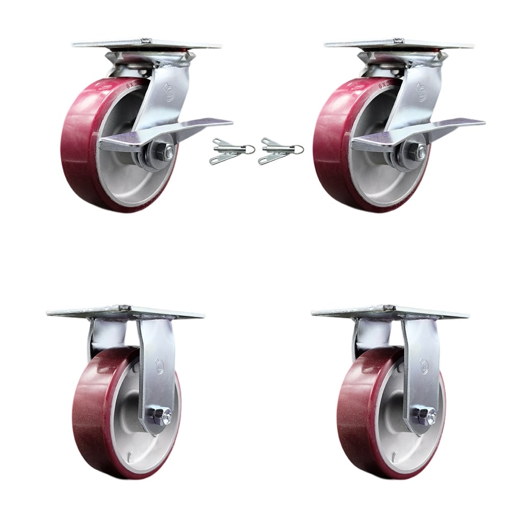Heavy Duty Large Top Plate Polyurethane on Aluminum Swivel Caster with Maintenance Free Bearings with 6 x 2 in. Maroon Wheel - Set of 4
